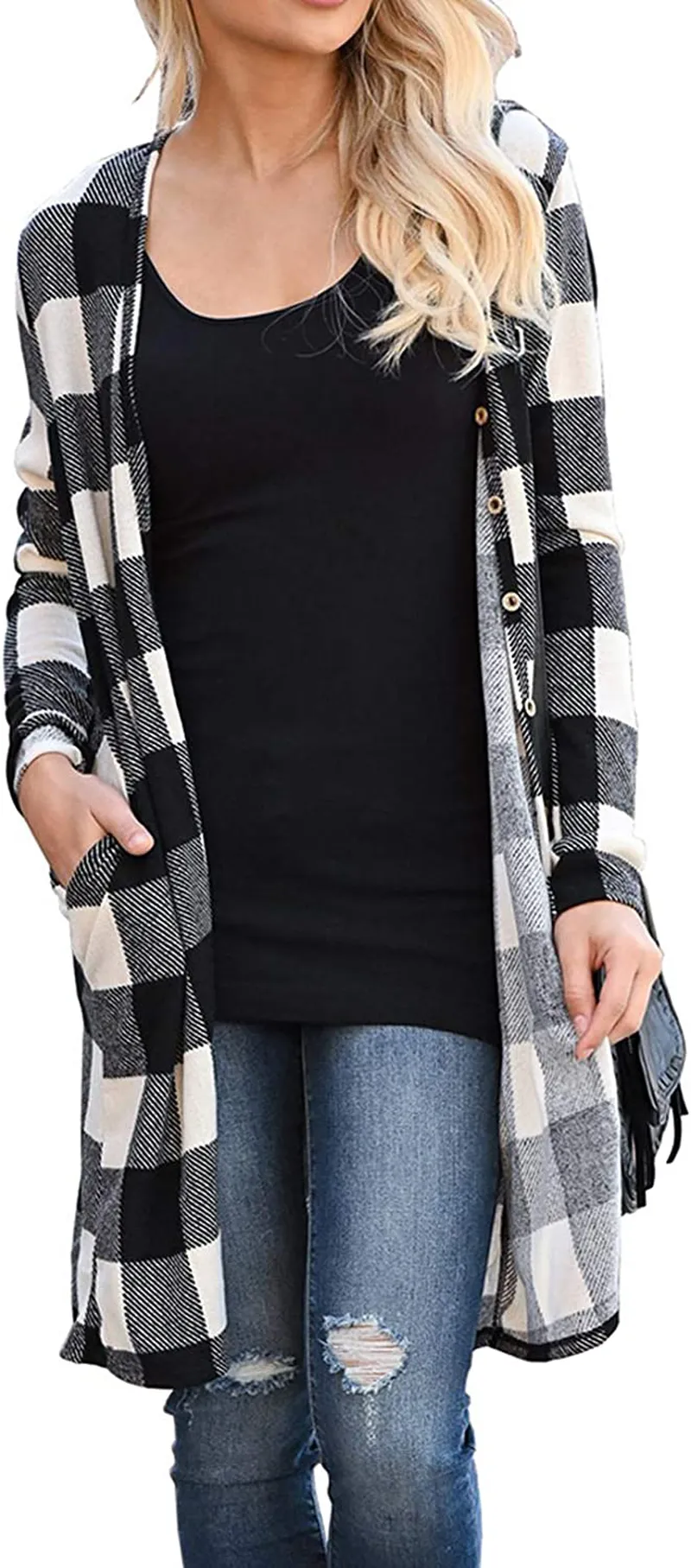Lacozy Women's Open Front Long Knit Cardigan Draped Snap Buffalo Plaid Shirt Kimono Cardigan Sweater