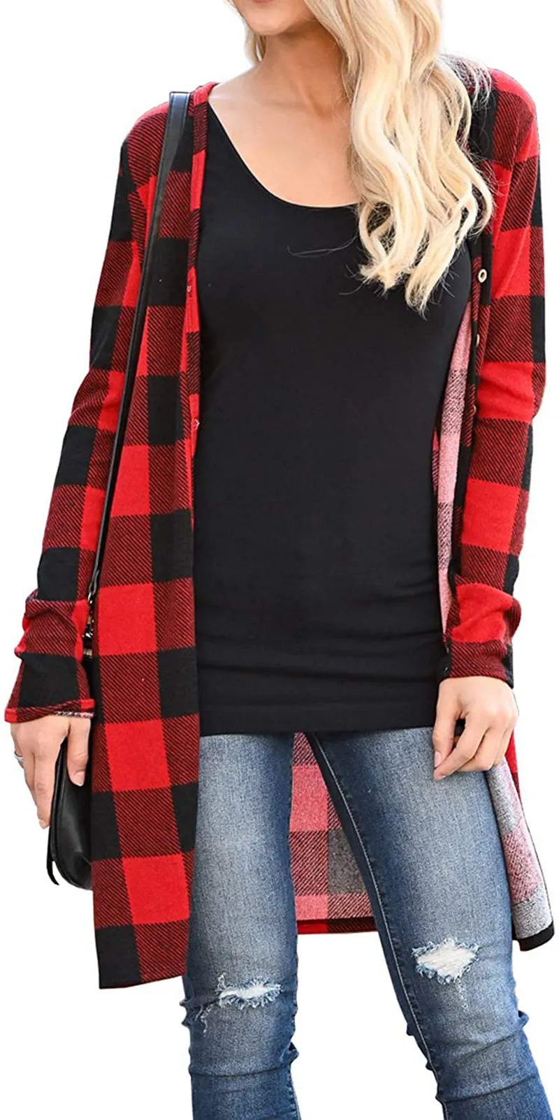 Lacozy Women's Open Front Long Knit Cardigan Draped Snap Buffalo Plaid Shirt Kimono Cardigan Sweater