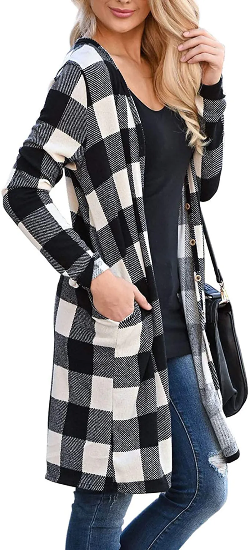 Lacozy Women's Open Front Long Knit Cardigan Draped Snap Buffalo Plaid Shirt Kimono Cardigan Sweater