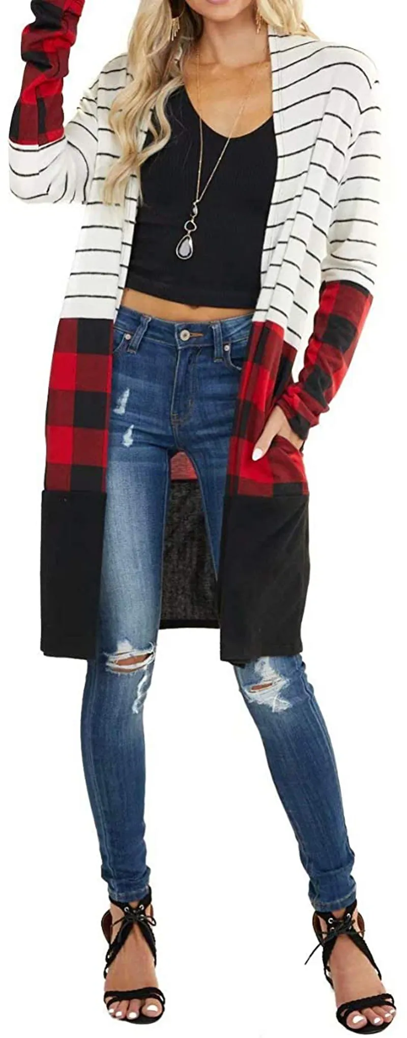 Lacozy Women's Open Front Long Knit Cardigan Draped Snap Buffalo Plaid Shirt Kimono Cardigan Sweater