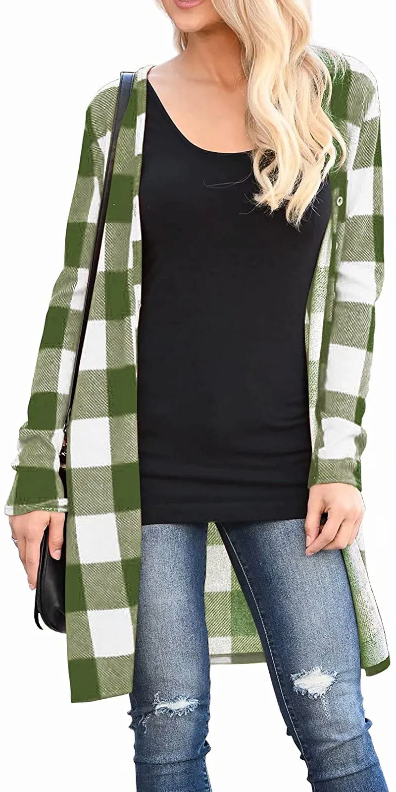 Lacozy Women's Open Front Long Knit Cardigan Draped Snap Buffalo Plaid Shirt Kimono Cardigan Sweater