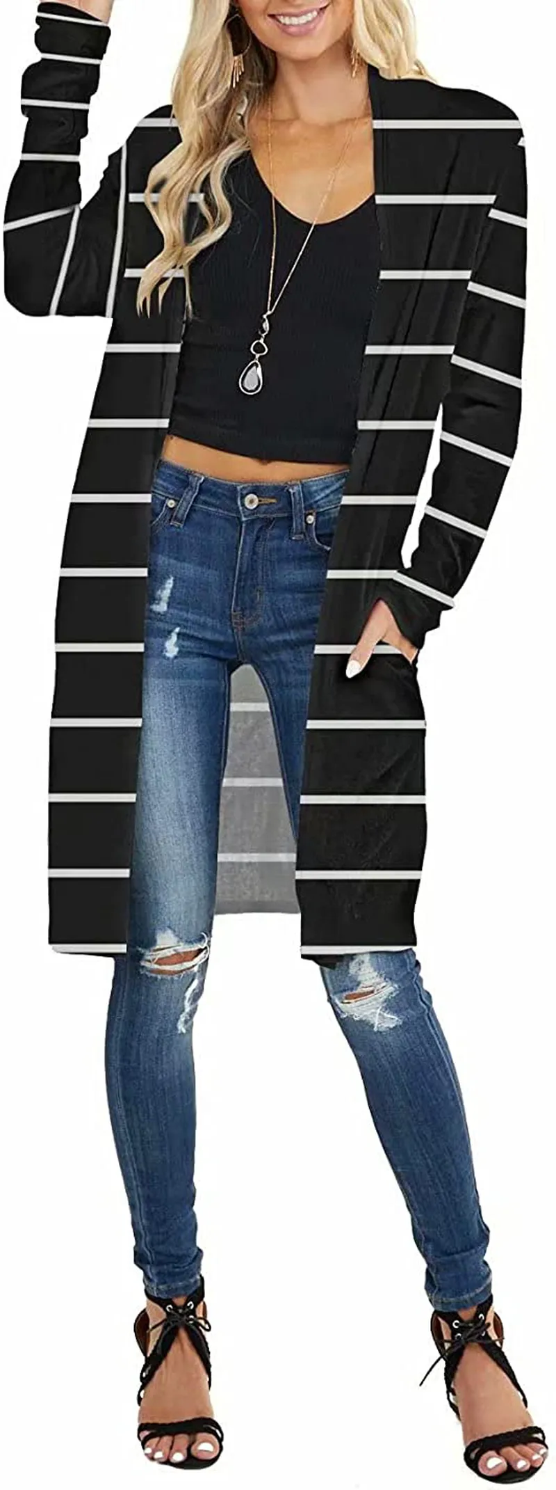 Lacozy Women's Open Front Long Knit Cardigan Draped Snap Buffalo Plaid Shirt Kimono Cardigan Sweater