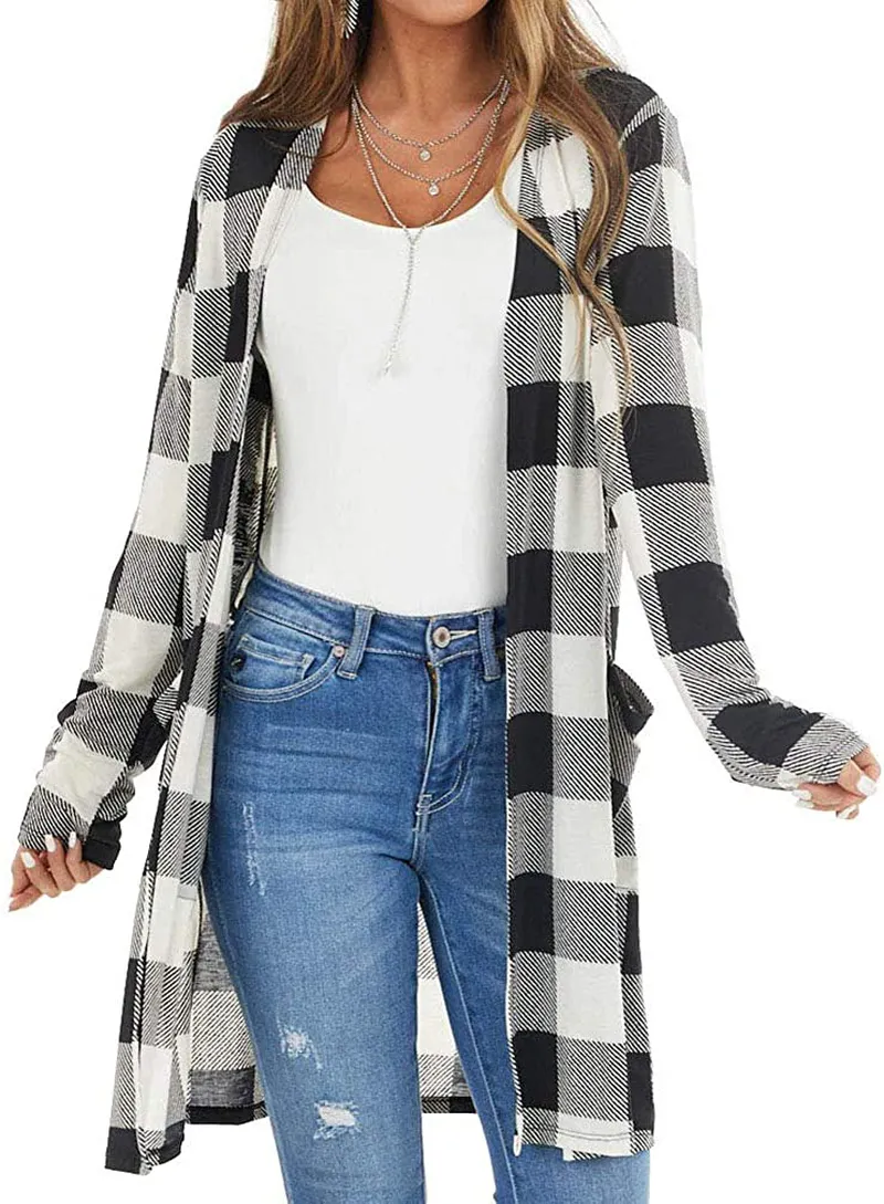 Lacozy Women's Open Front Long Knit Cardigan Draped Snap Buffalo Plaid Shirt Kimono Cardigan Sweater