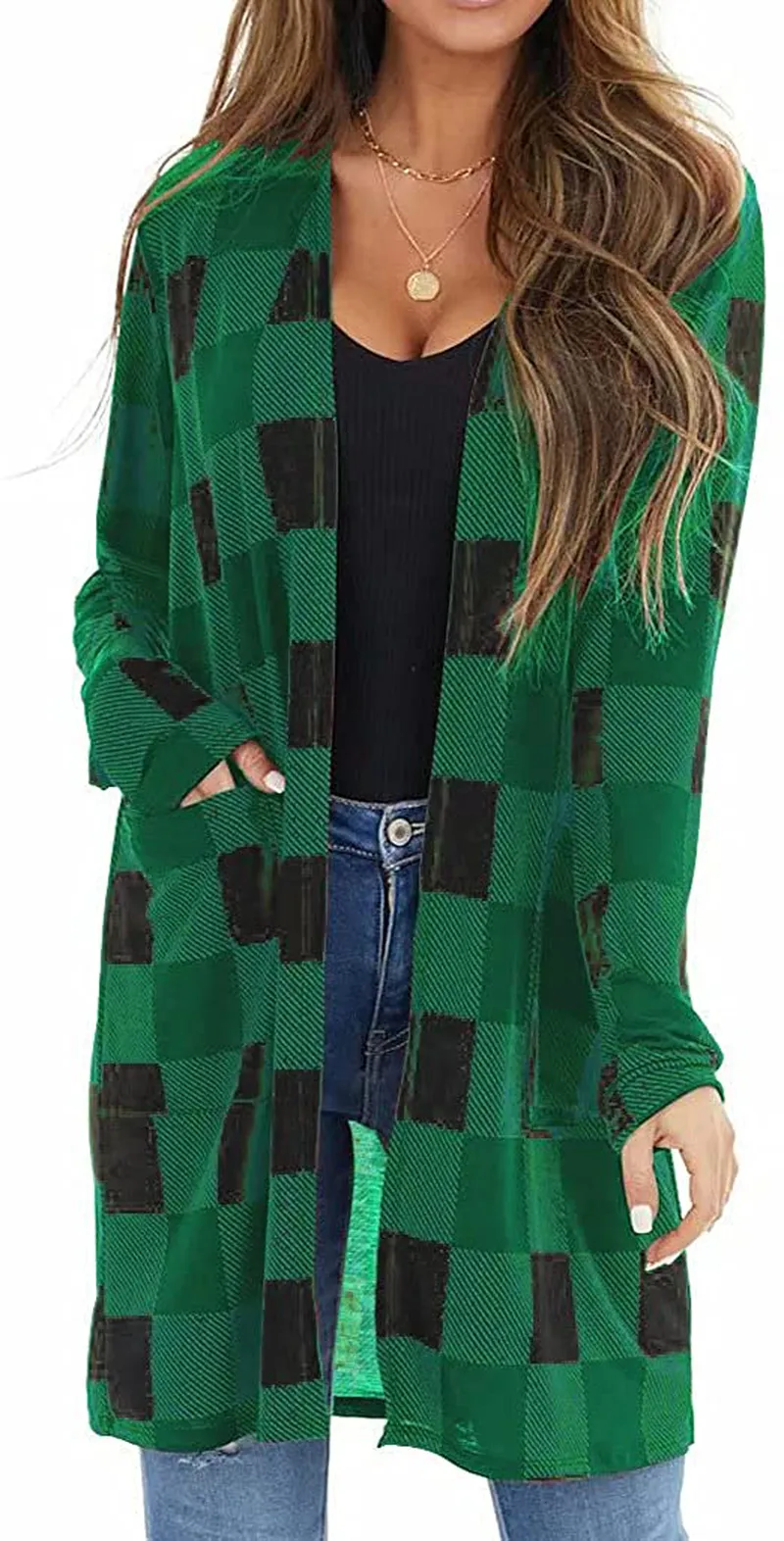 Lacozy Women's Open Front Long Knit Cardigan Draped Snap Buffalo Plaid Shirt Kimono Cardigan Sweater