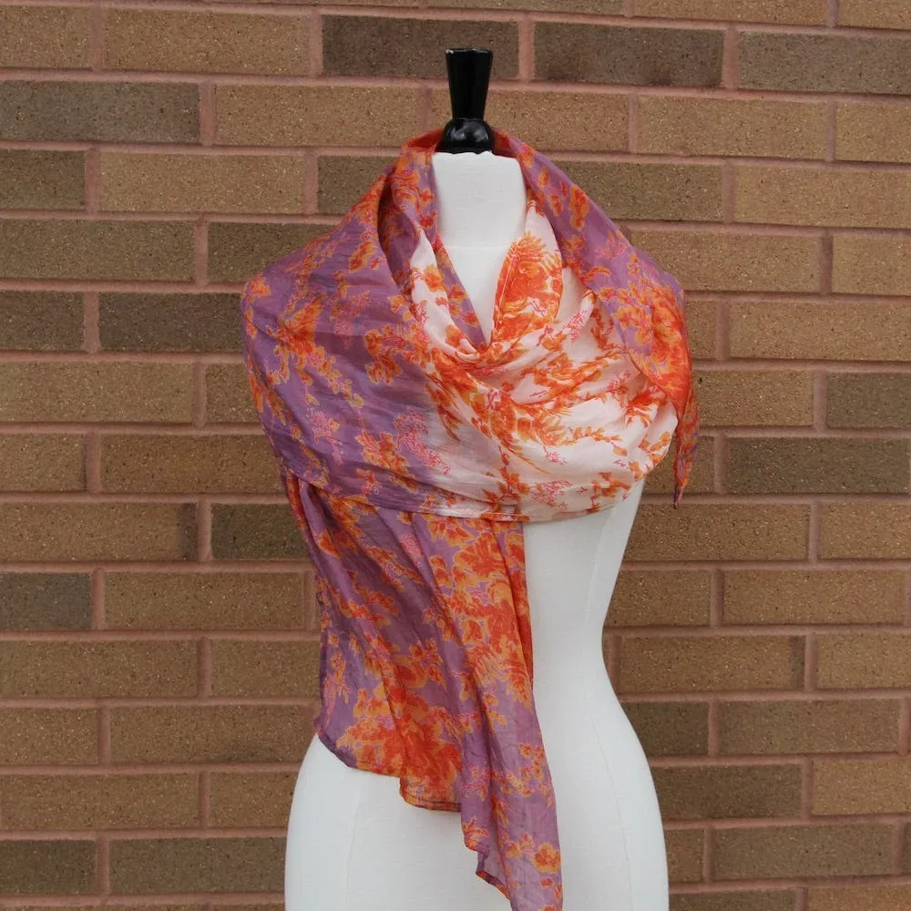 Lilac and Orange with Roses Silk Scarf