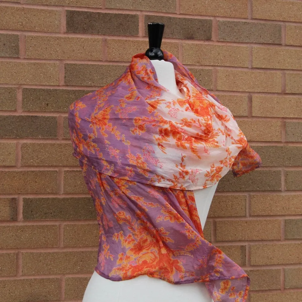 Lilac and Orange with Roses Silk Scarf