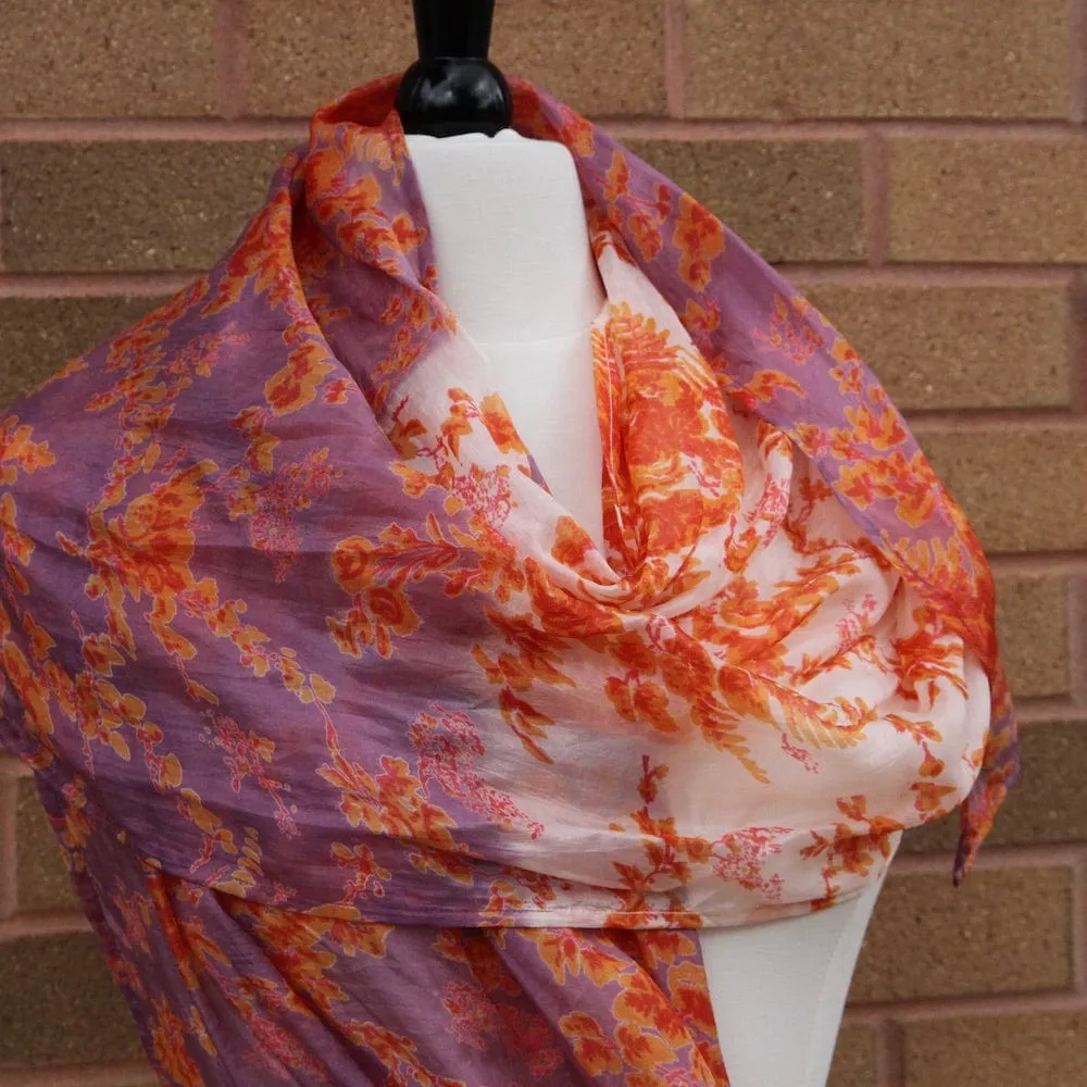 Lilac and Orange with Roses Silk Scarf