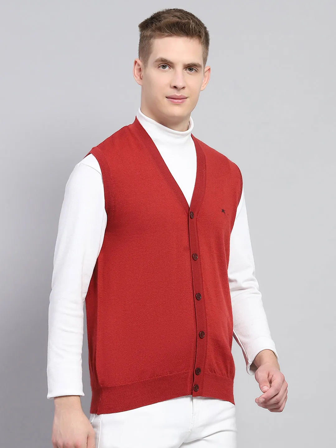 Men Red Solid V Neck Sleeveless Cardigan