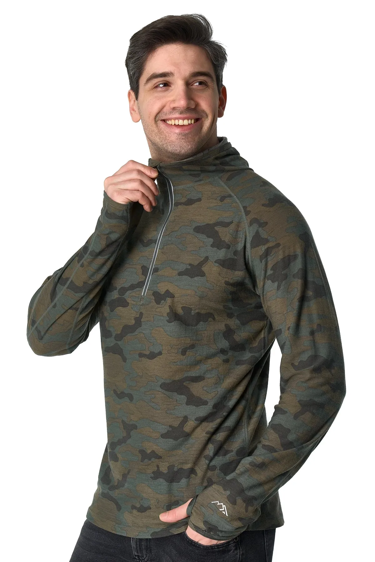 Men's Merino Wool Half Zip Hoodie 190 Camo