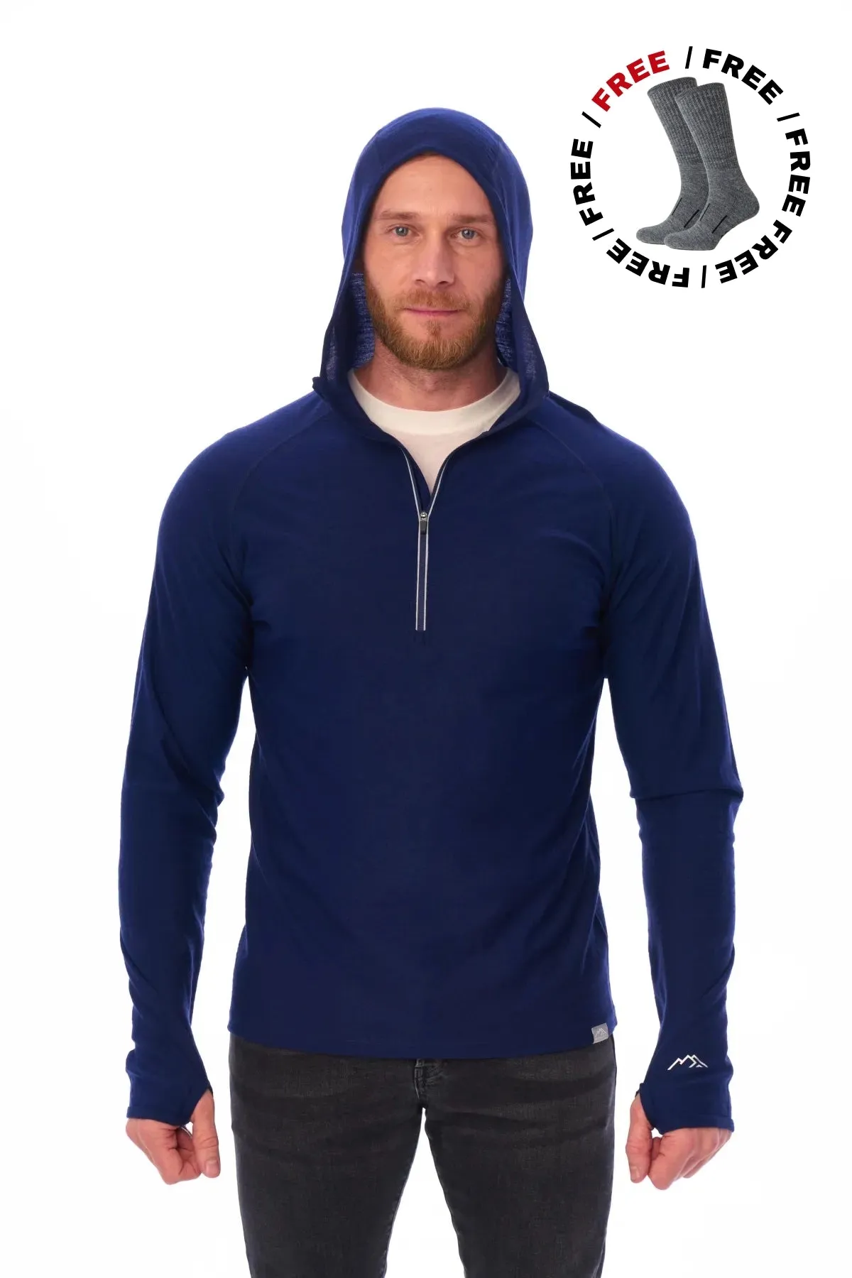 Men's Merino Wool Half Zip Hoodie 190 Navy