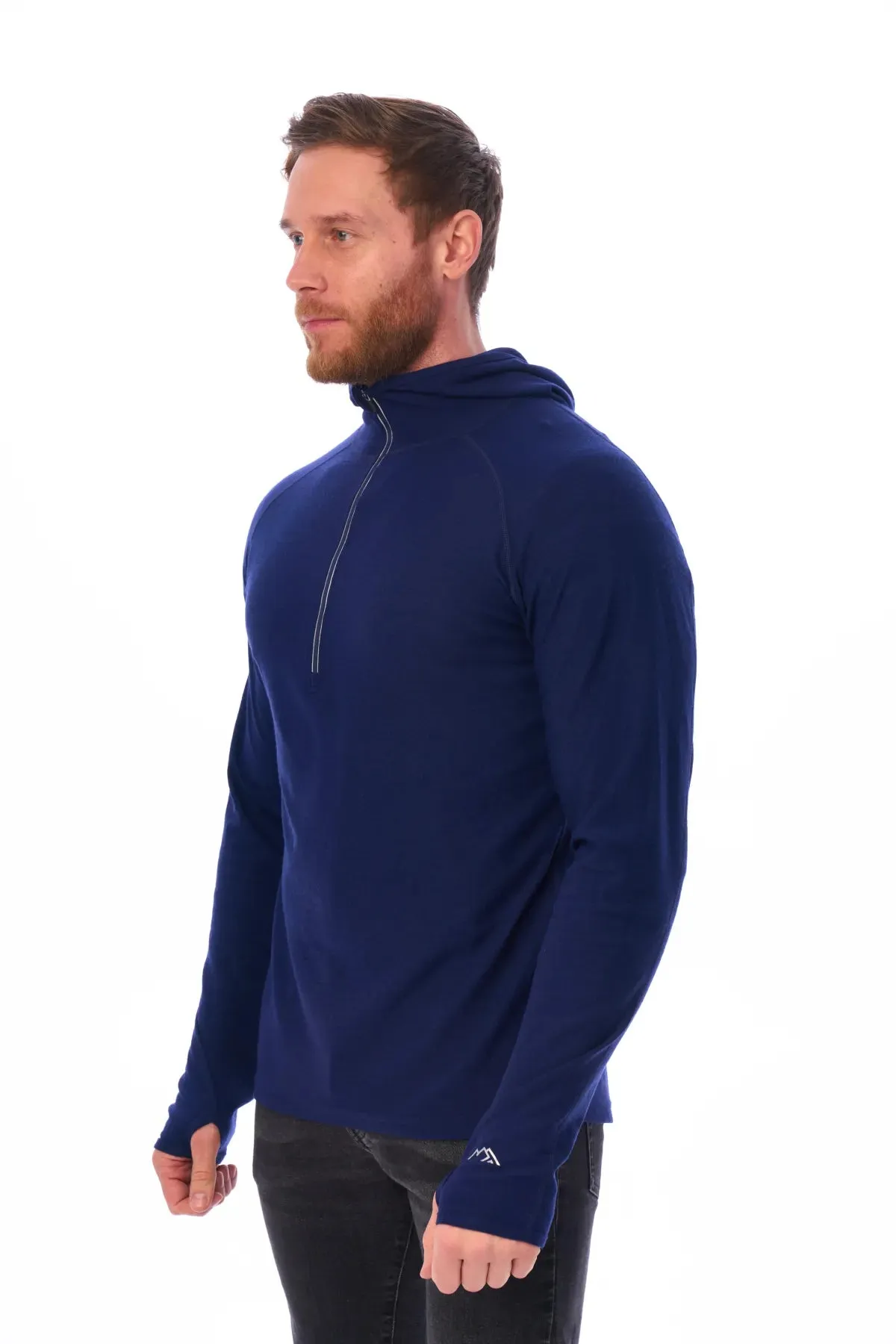 Men's Merino Wool Half Zip Hoodie 190 Navy