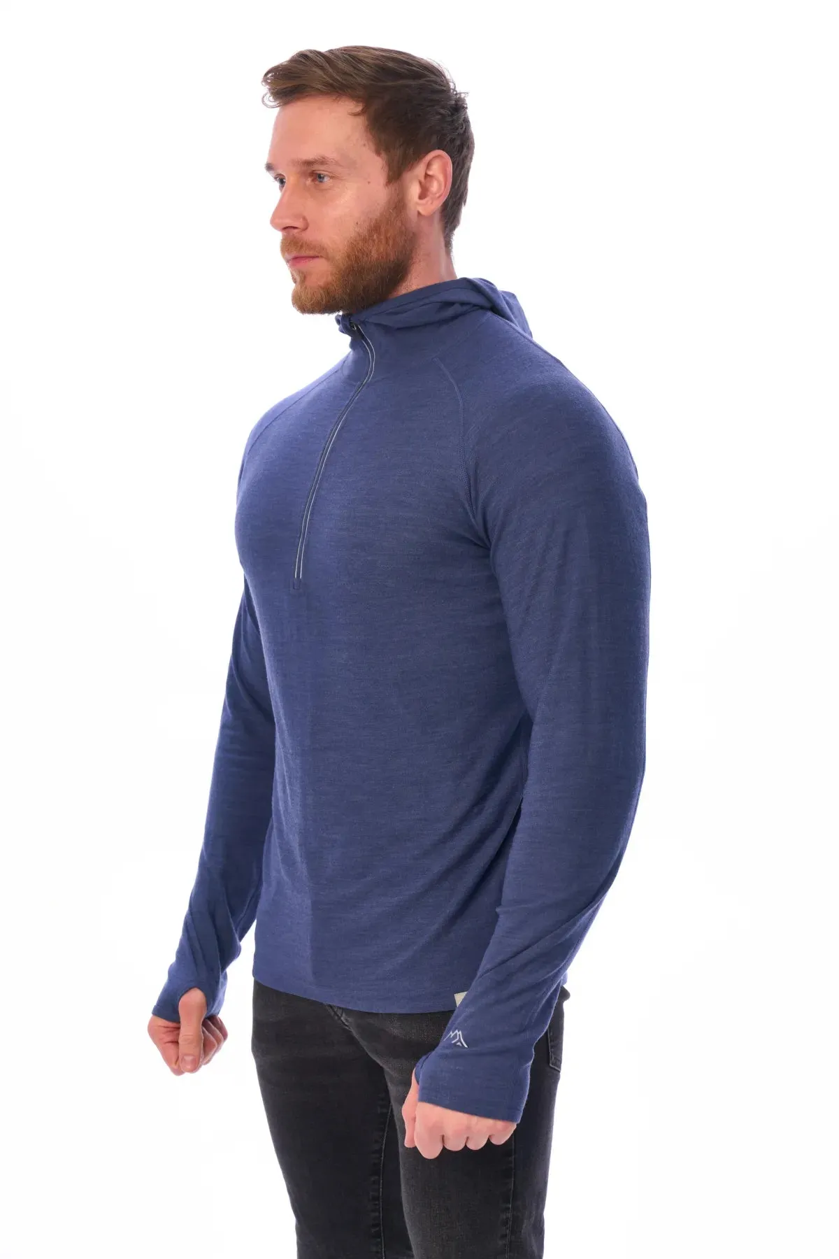 Men's Merino Wool Half Zip Hoodie 190 Windsor Blue