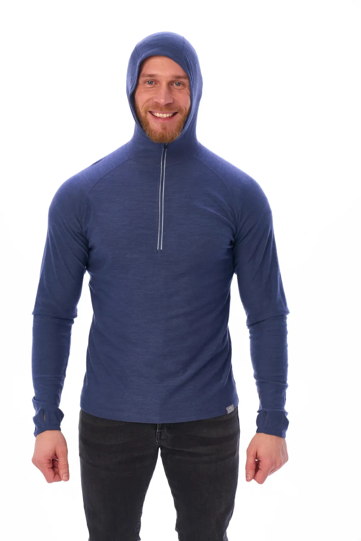 Men's Merino Wool Half Zip Hoodie 190 Windsor Blue