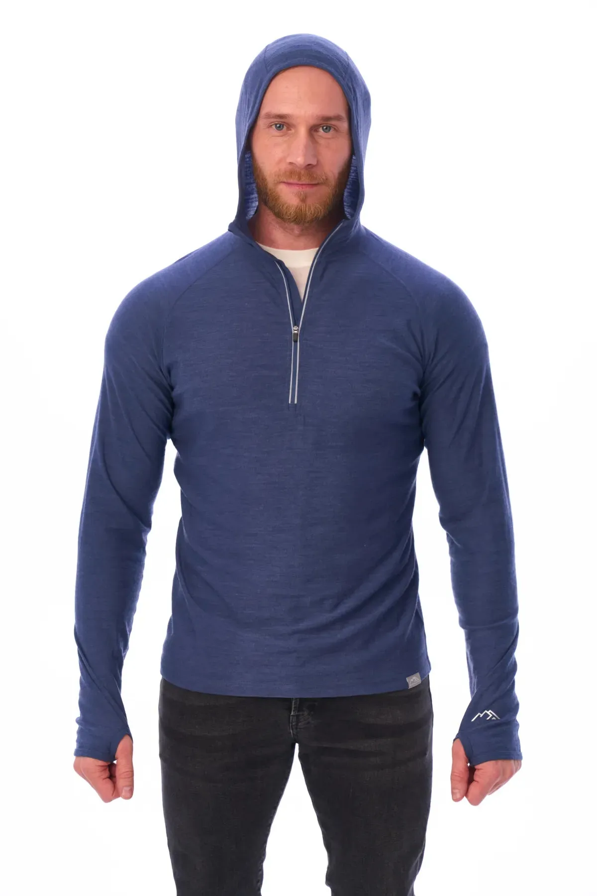 Men's Merino Wool Half Zip Hoodie 190 Windsor Blue