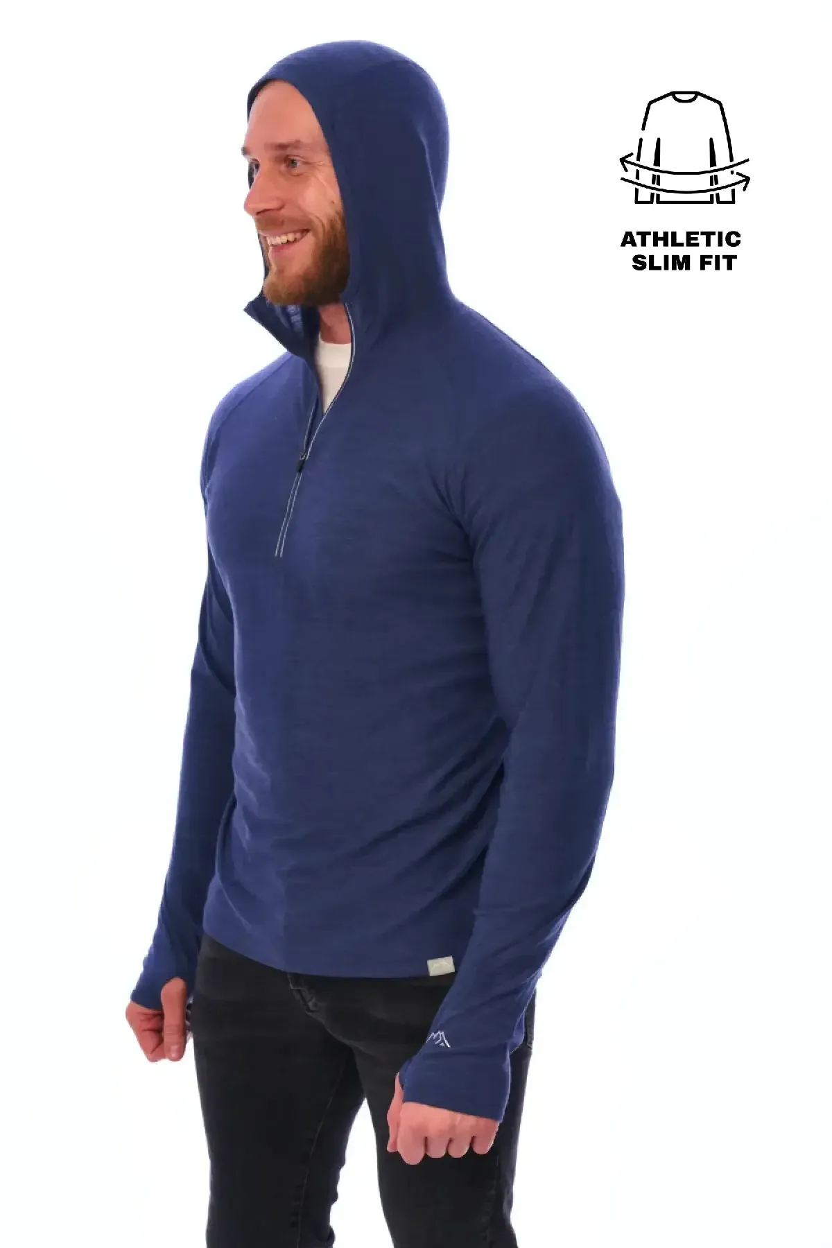 Men's Merino Wool Half Zip Hoodie 190 Windsor Blue