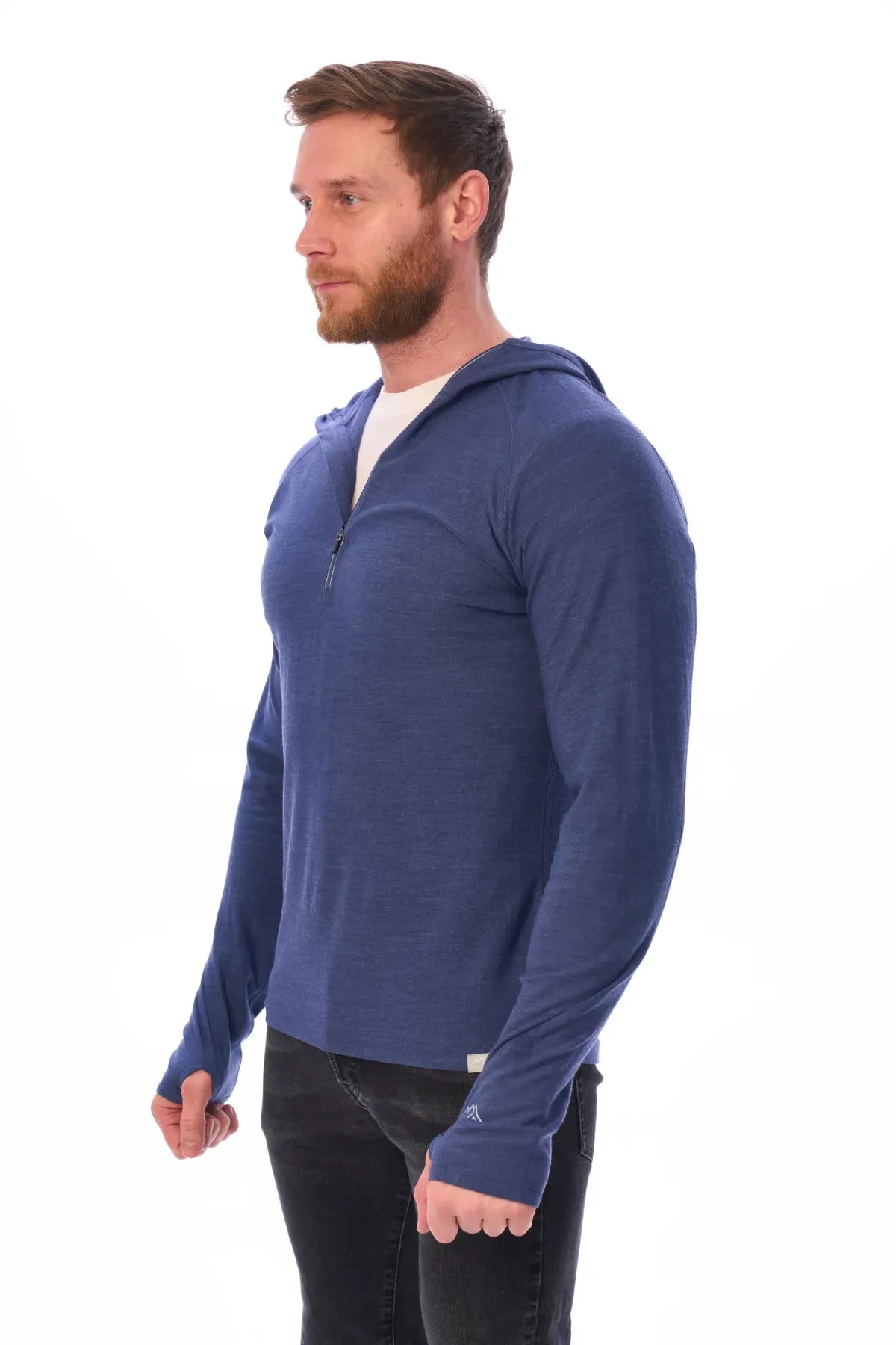 Men's Merino Wool Half Zip Hoodie 190 Windsor Blue