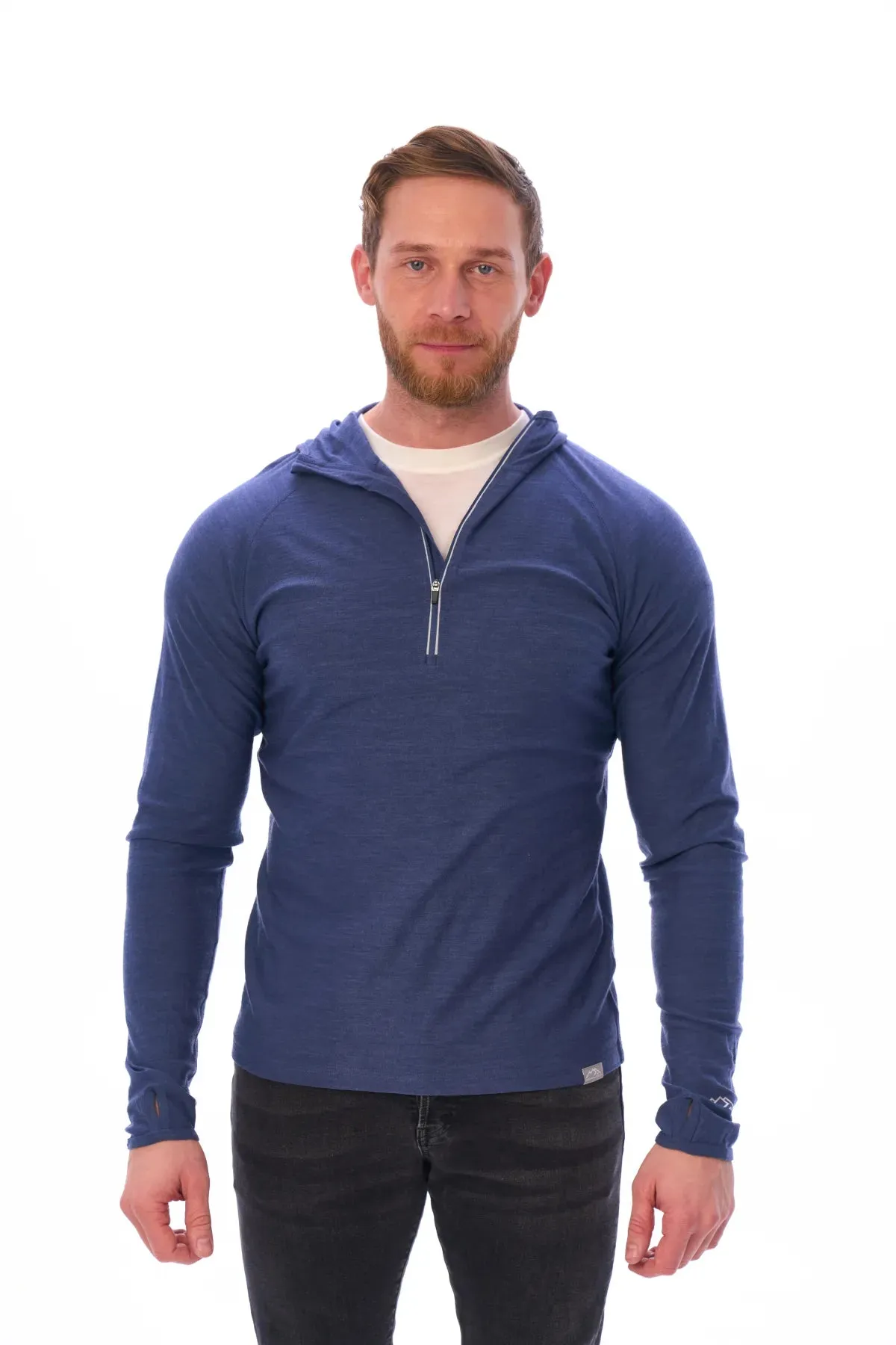 Men's Merino Wool Half Zip Hoodie 190 Windsor Blue