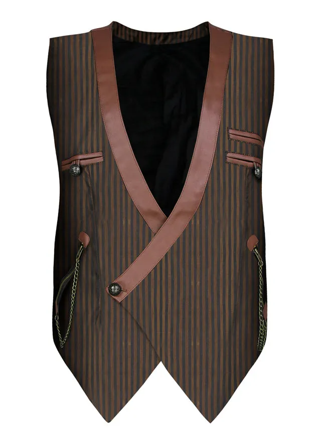 Men's Steampunk Brown Pinstripe Waistcoat V Neck Party Vest