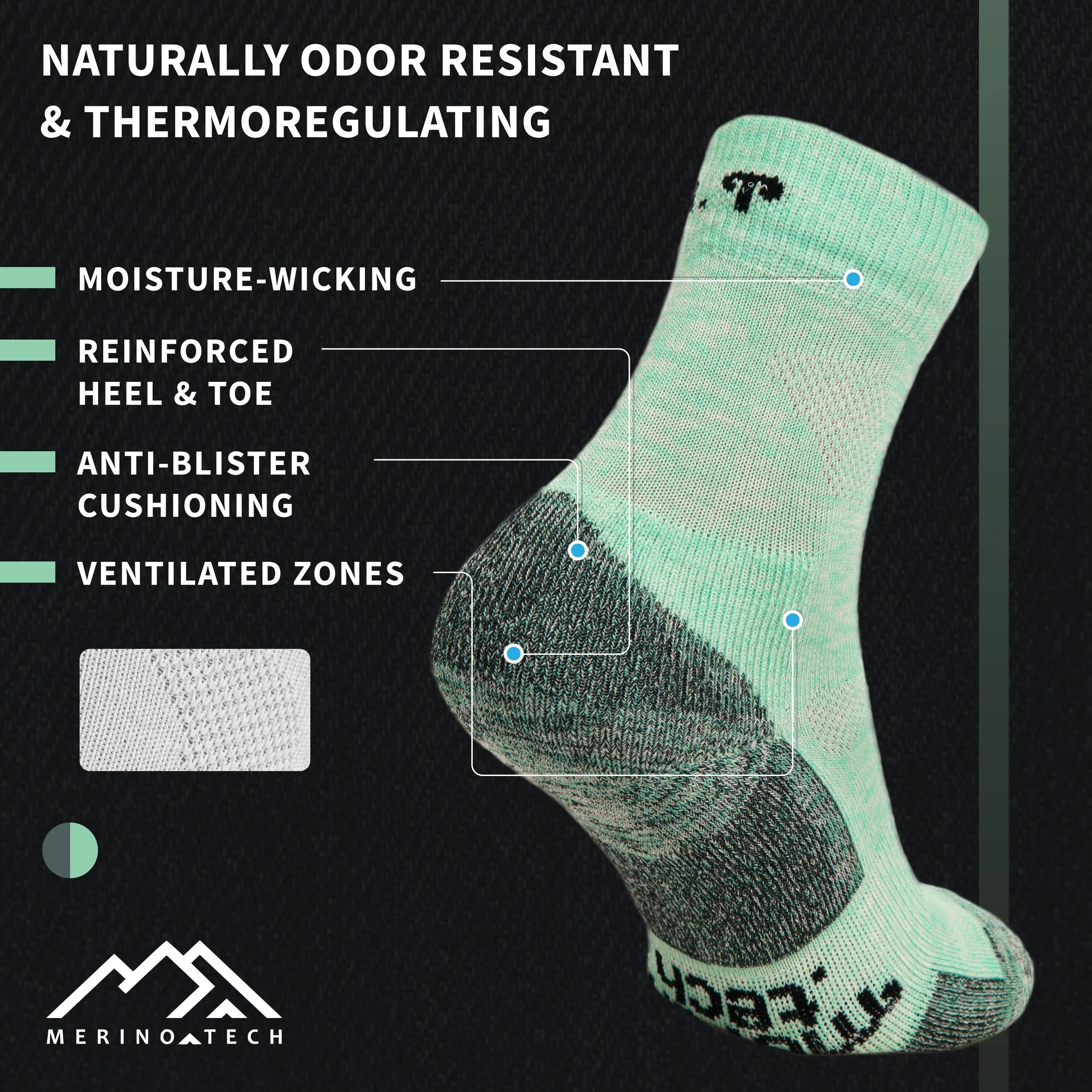 Merino Wool Hiking Socks - (Pack of 2) Mint Icecream