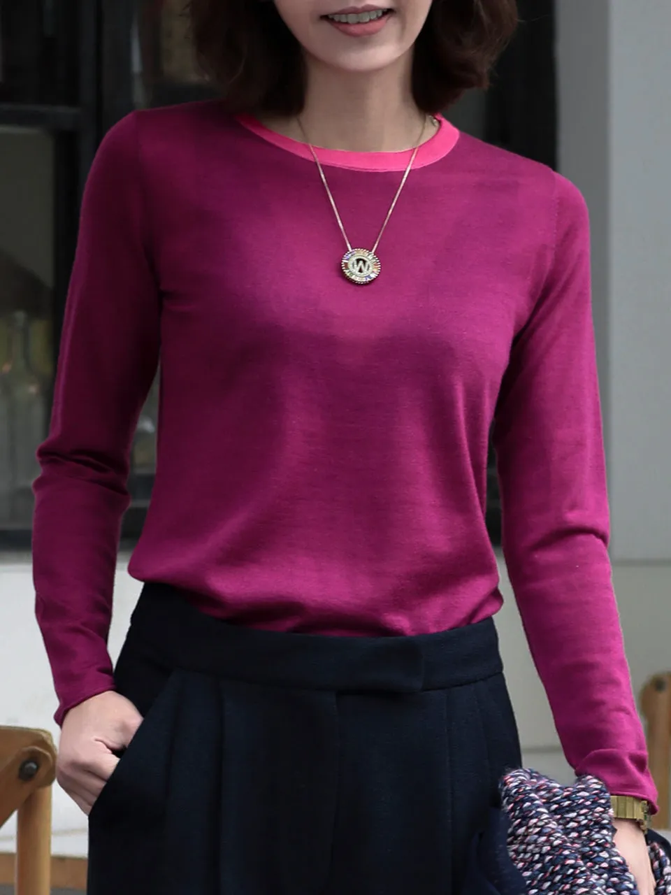 Mulberry Contrast Trim Merino Wool Jumper