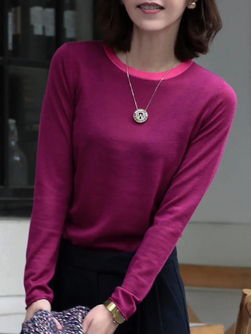 Mulberry Contrast Trim Merino Wool Jumper
