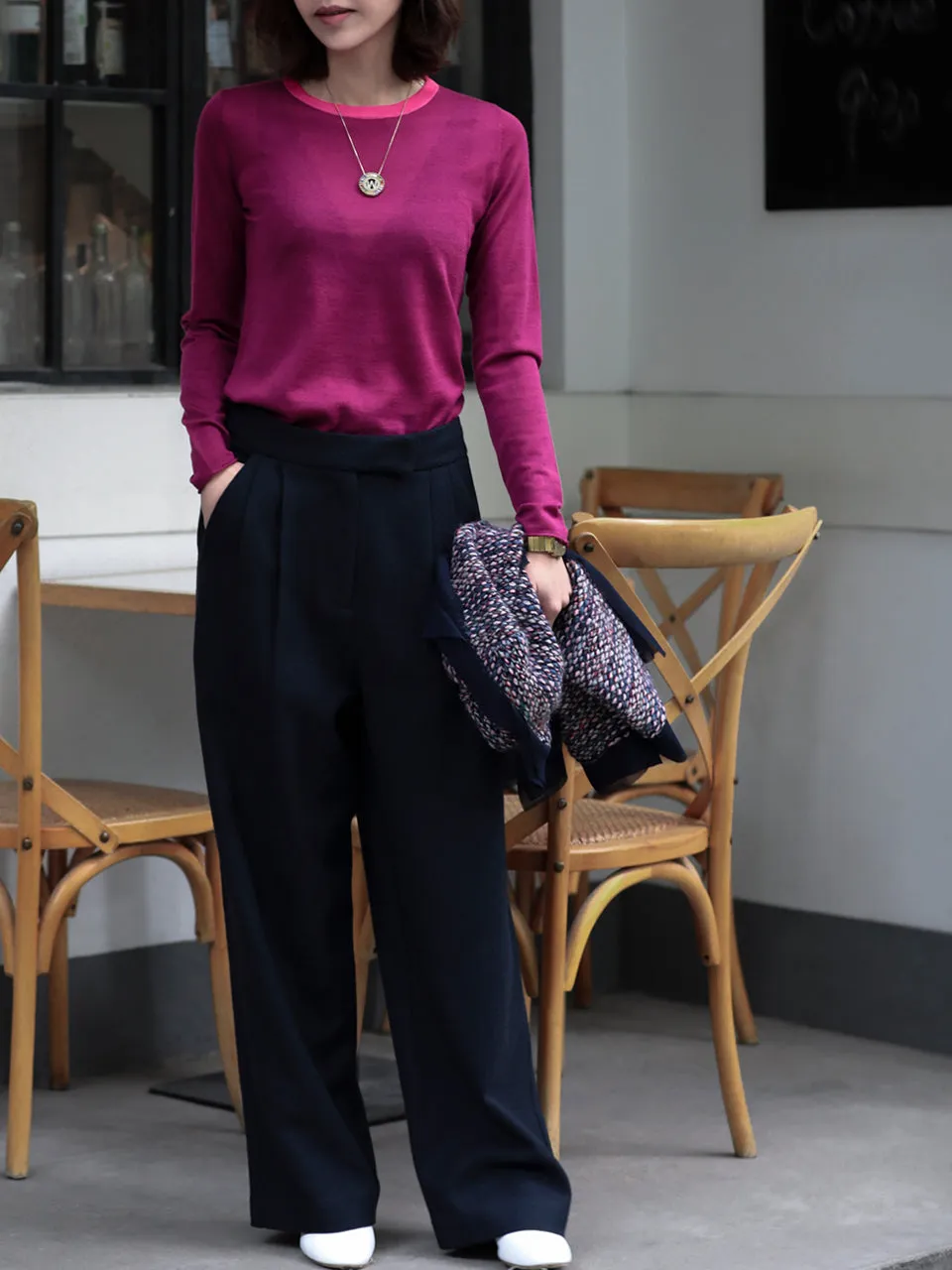 Mulberry Contrast Trim Merino Wool Jumper