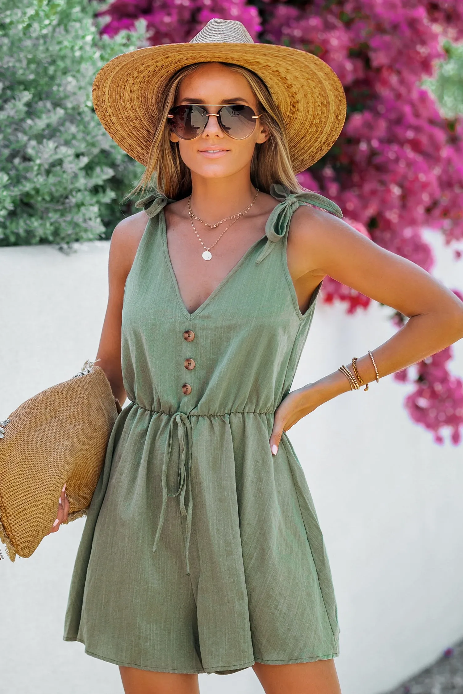 Olive Tie Strap V-Neck Romper