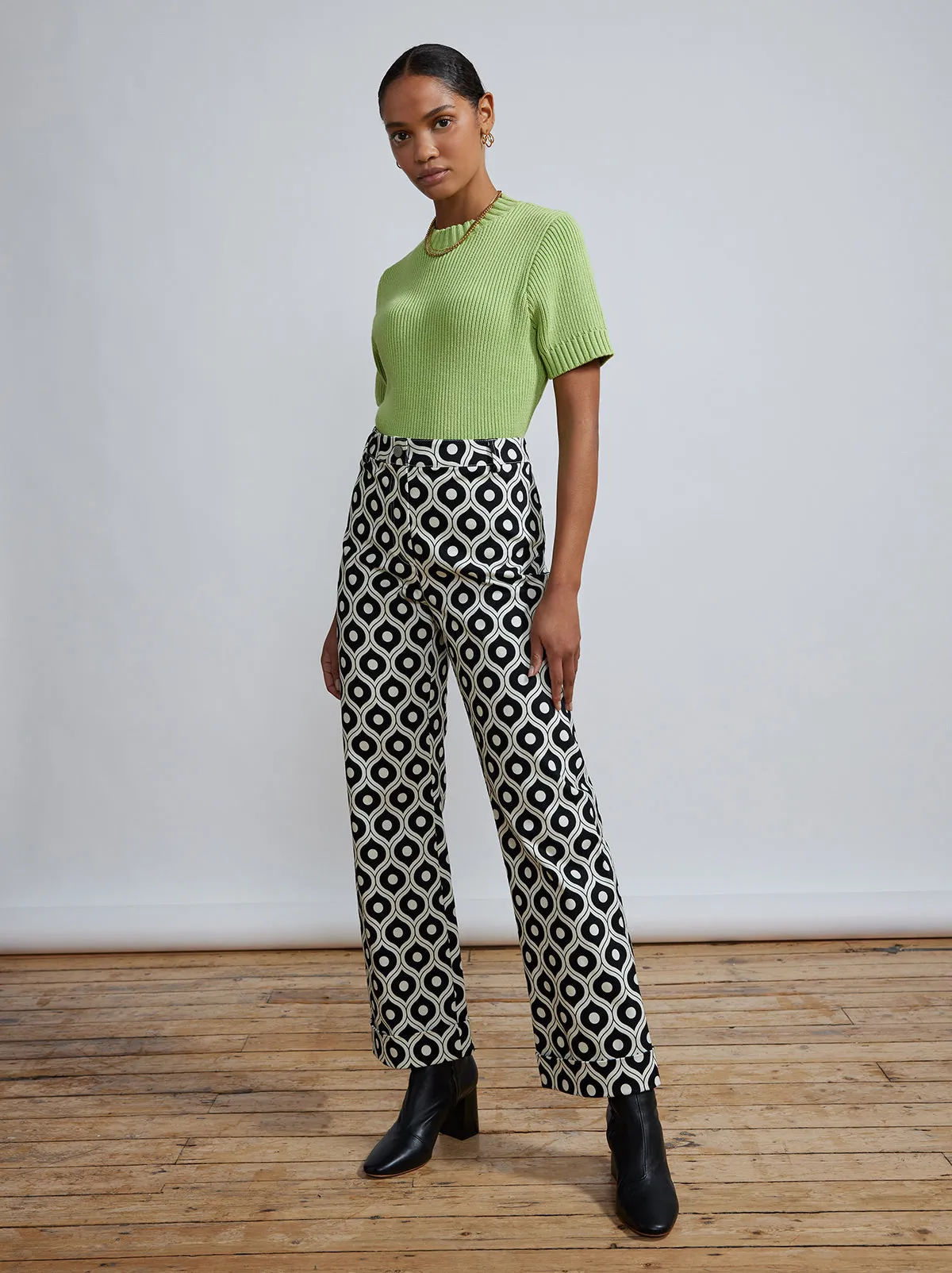 Olive Wallpaper Print Stretch Cotton Twill Trousers
