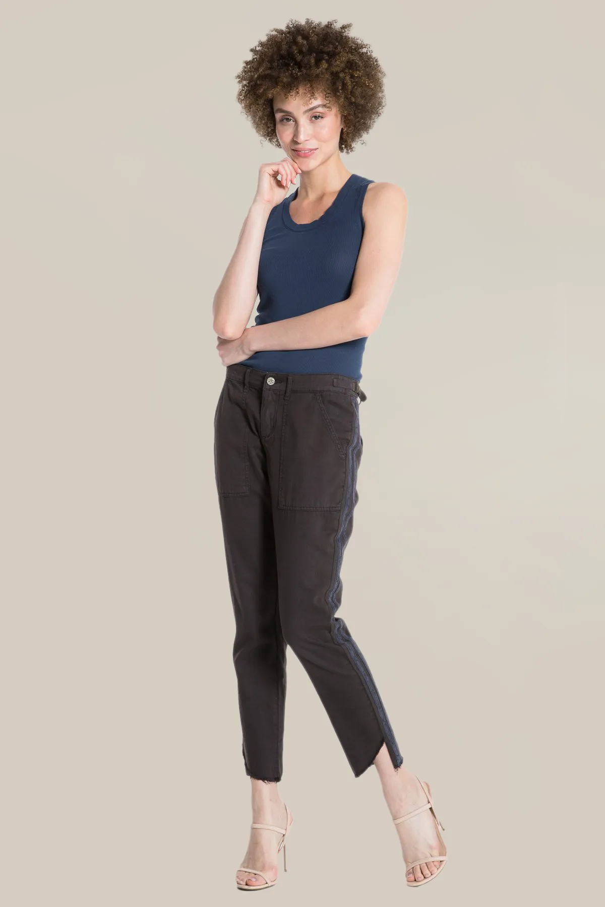 Pants with side tapes and Hi lo hem in Licorice