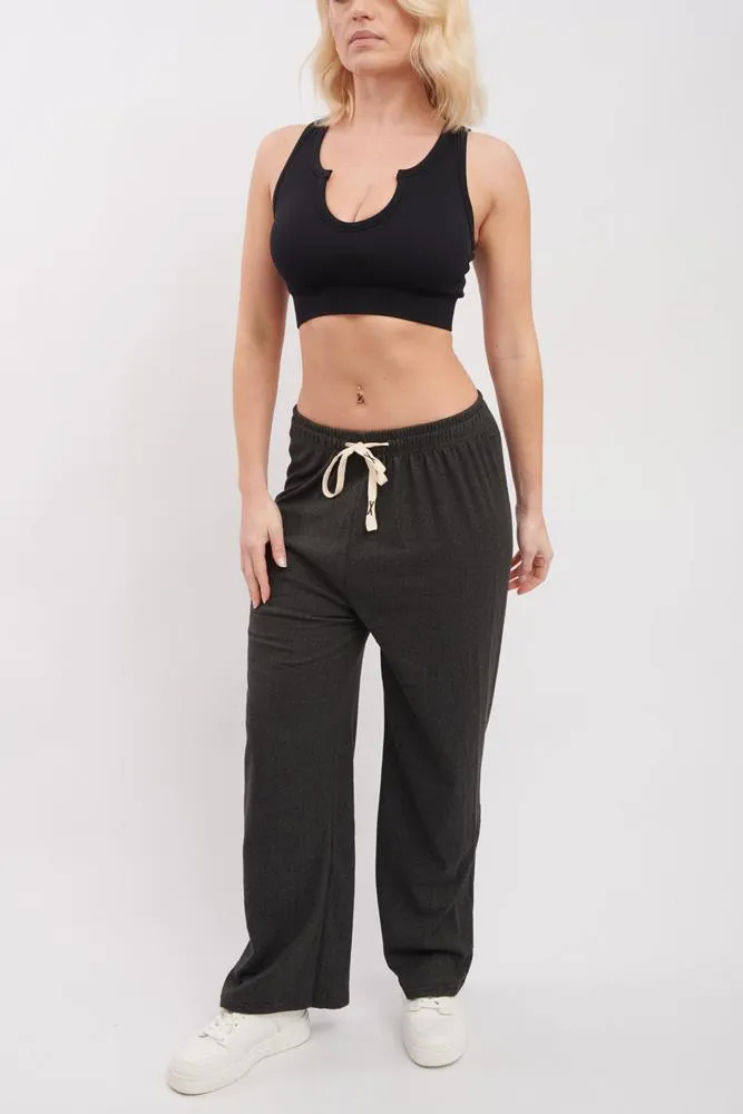 Plain Knit Drawstring Wide Leg Trousers