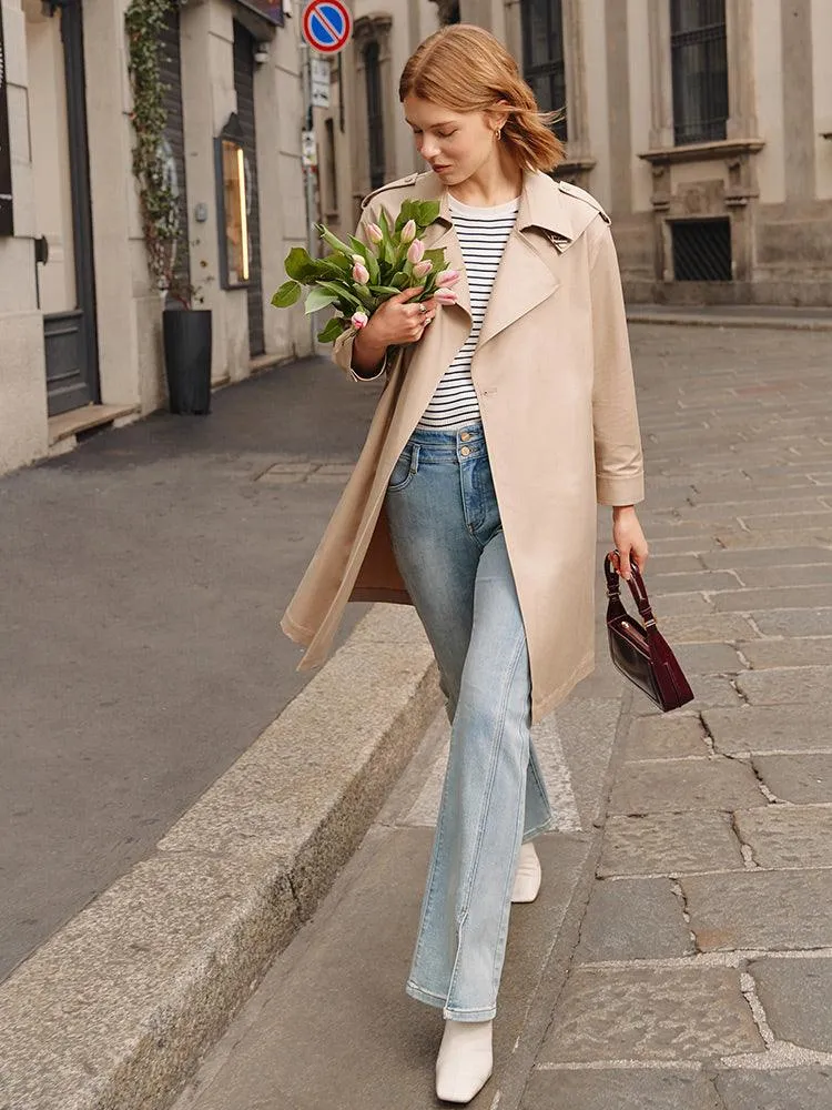 Plain Mid-Length Trench Coat With Belt