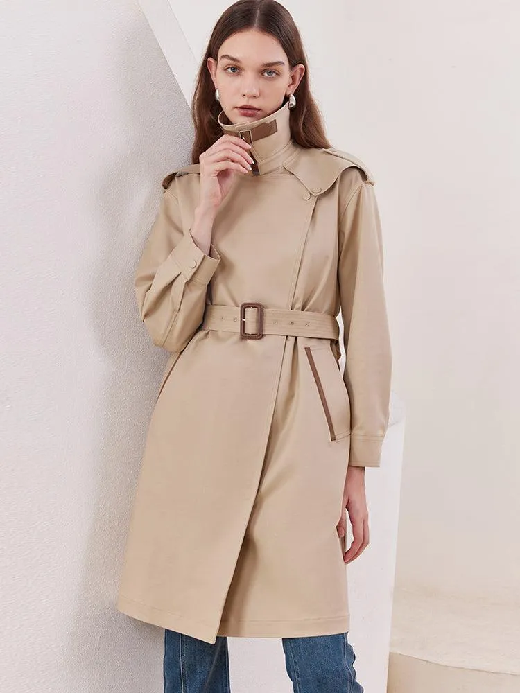 Plain Mid-Length Trench Coat With Belt