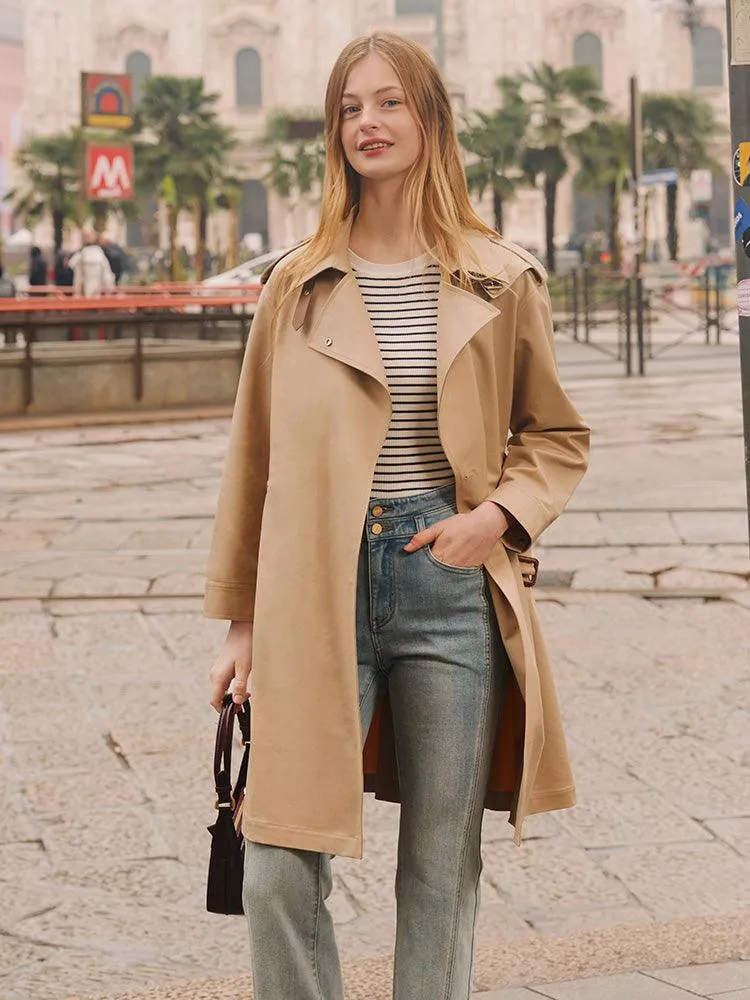 Plain Mid-Length Trench Coat With Belt