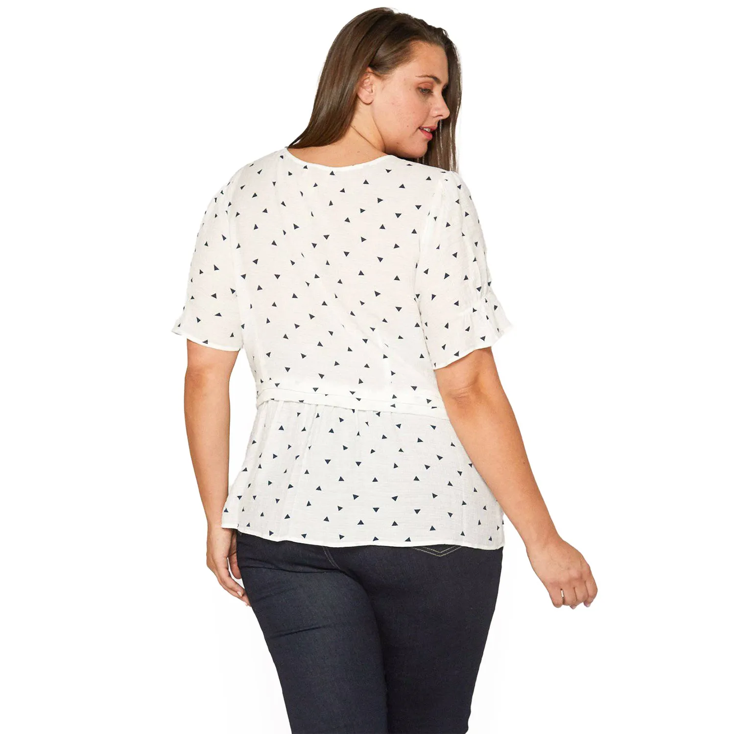 Plus Size Triangle Print Short Sleeve Blouse in White Triangle