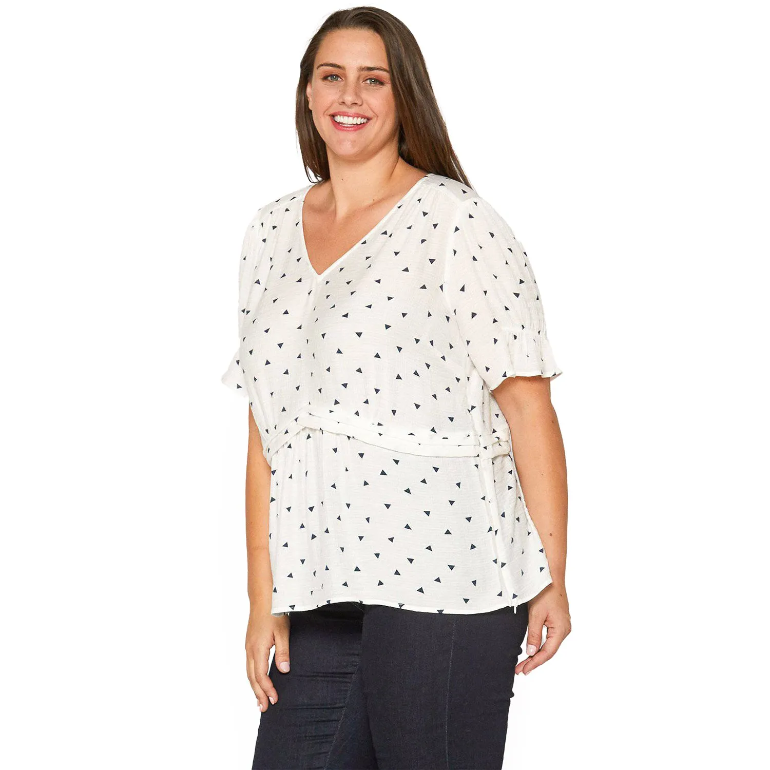 Plus Size Triangle Print Short Sleeve Blouse in White Triangle