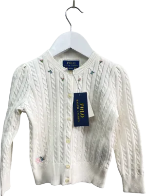 Polo Ralph Lauren White 100% Cotton Cable Knit Cardigan With Embroidered Logo And Flowers BNWT 3 Years