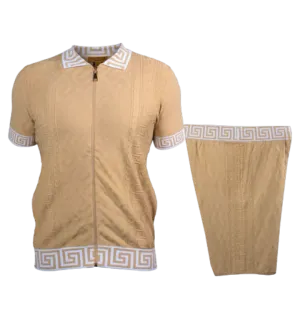 Prestige Beige Full Zipper Shirt & Short Set Greek Key Luxury Style SKJ-220