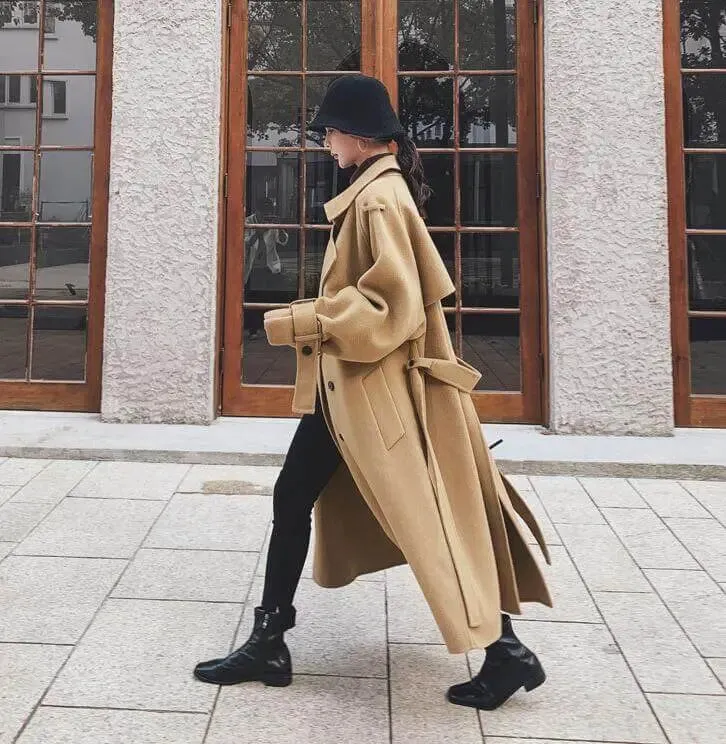 Stylish Women's Camel Wool Belted Winter Coat