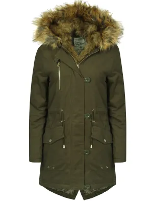 Teegan Parka Jacket in Khaki with Detachable Tipped Brown Fur Hood - Tokyo Laundry