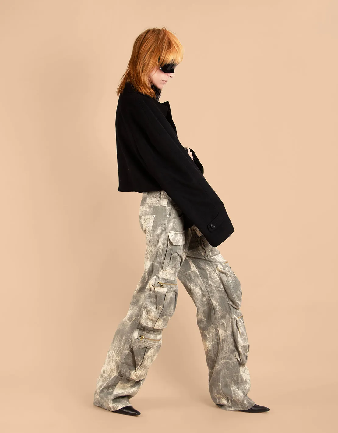 Tie dye camouflage denim cargo trousers