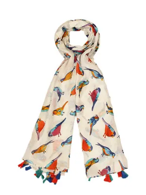 TROPICAL BIRD DESIGN SCARF WITH COLOURFUL TASSELS