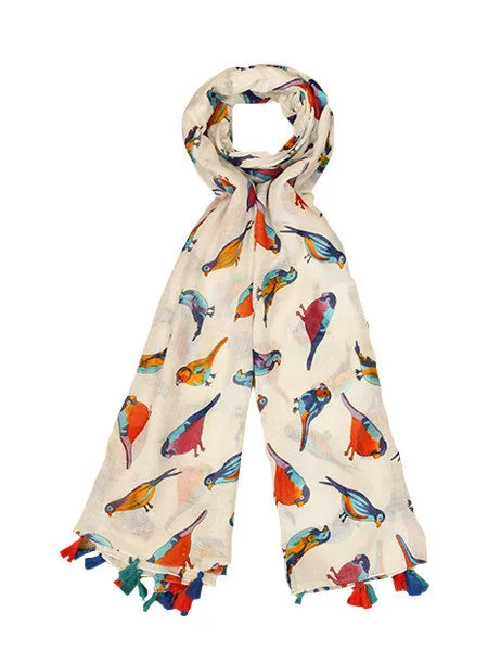 TROPICAL BIRD DESIGN SCARF WITH COLOURFUL TASSELS