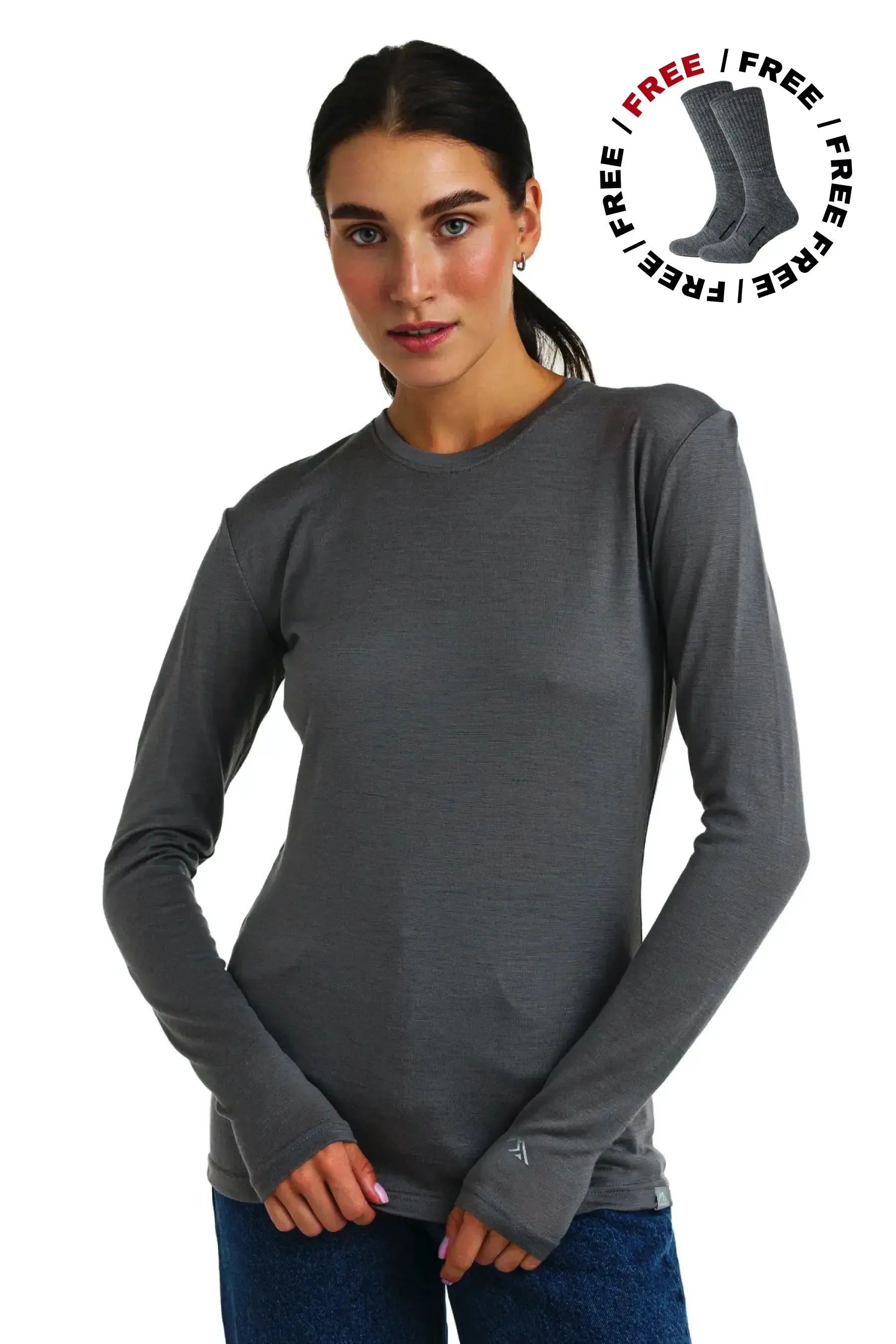 Women 165 Merino Base Layer Long Sleeve Perfect Grey   Wool Socks