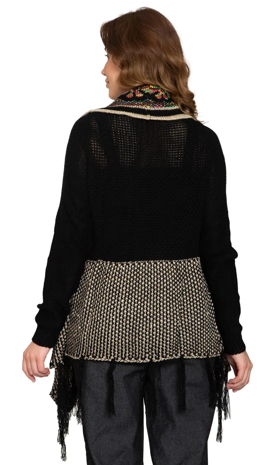 Women's Fringed Jacquard Weave Open Front Long Cardigan