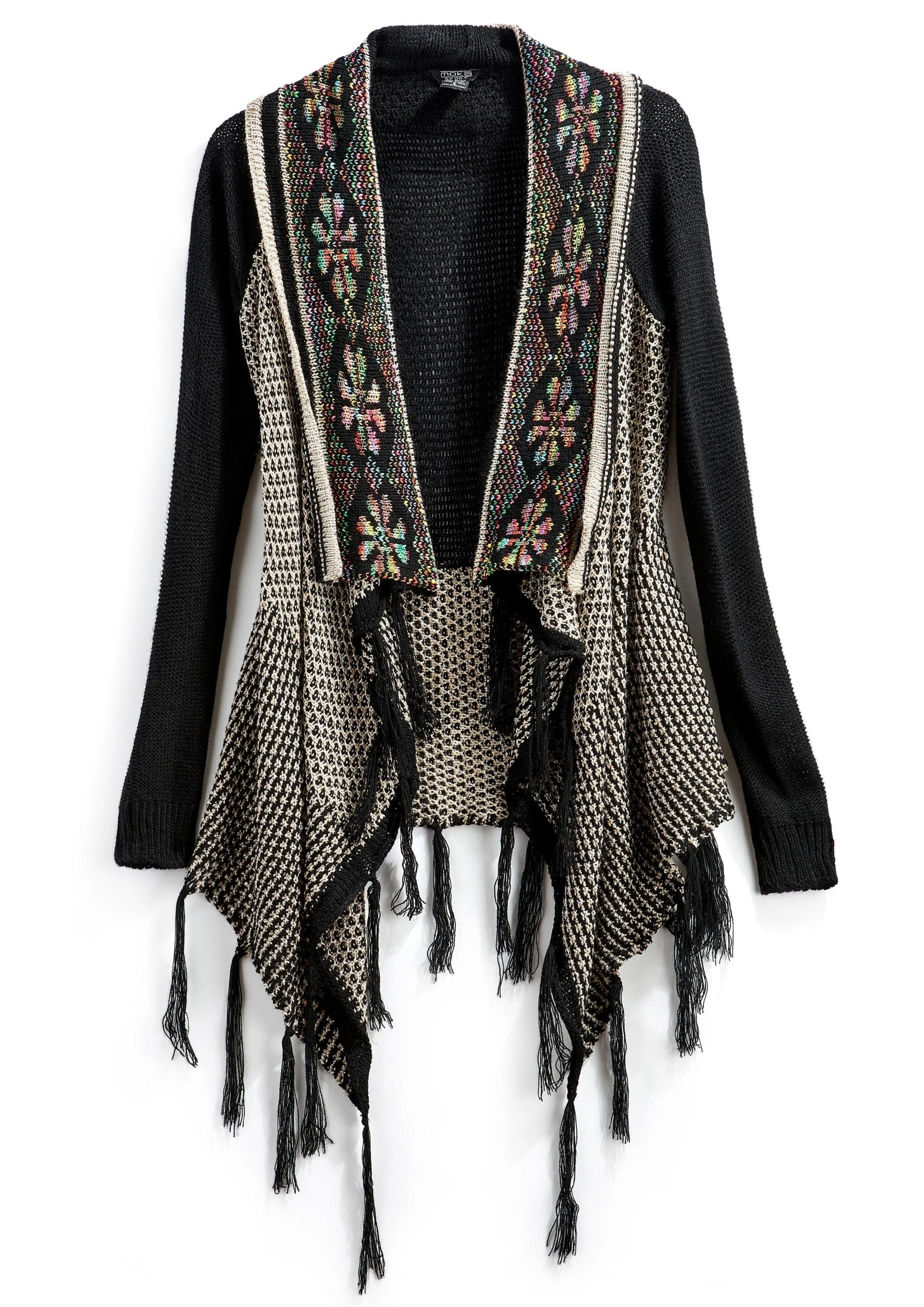 Women's Fringed Jacquard Weave Open Front Long Cardigan